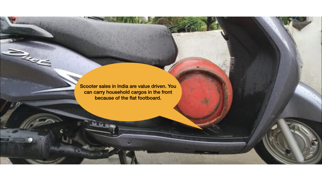 red LPG cylinder placed on the footboard of a scooter